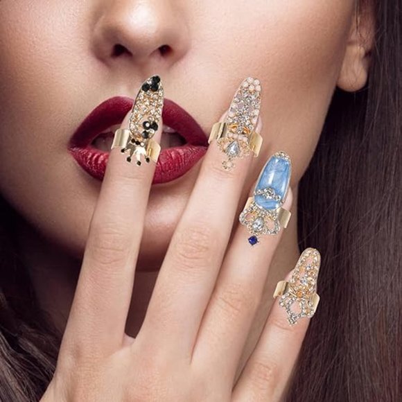 Fingernail Rings Nail Art Flower Crystal Blue Rhinestones Nail Rings Accessory - Picture 6 of 6